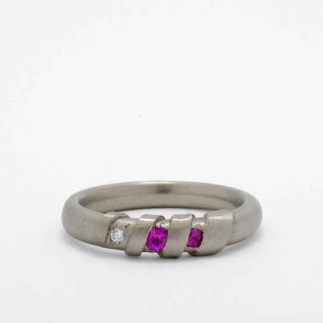 Fraser Hamilton Jewellery | 'Bubblegum' White gold band ring with pink sapphires and a diamond