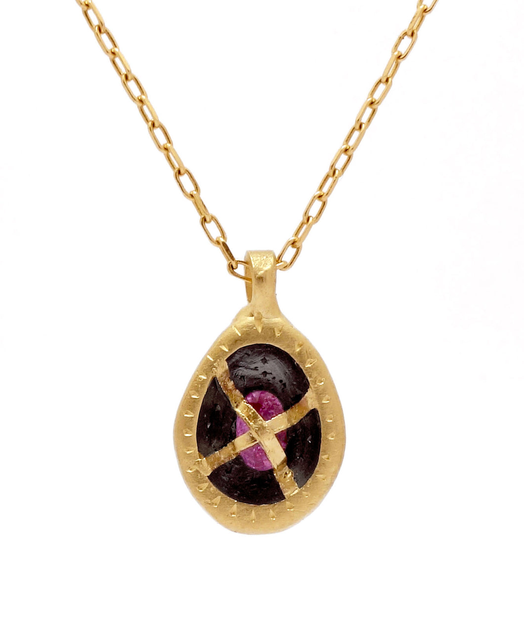 Fraser Hamilton Jewellery | 'Battle' Gold pendant with a bound pink sapphire