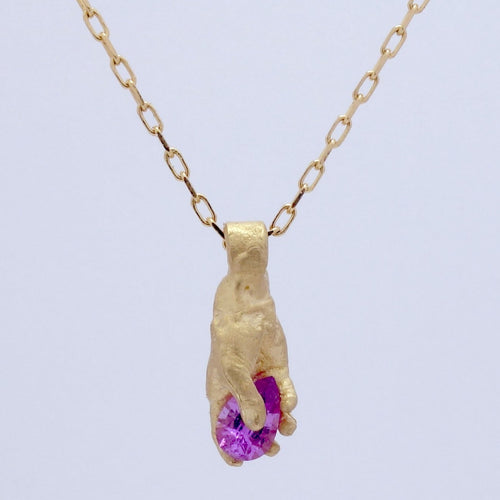 Fraser Hamilton Jewellery - pink sapphire hand pendant with yellow gold.